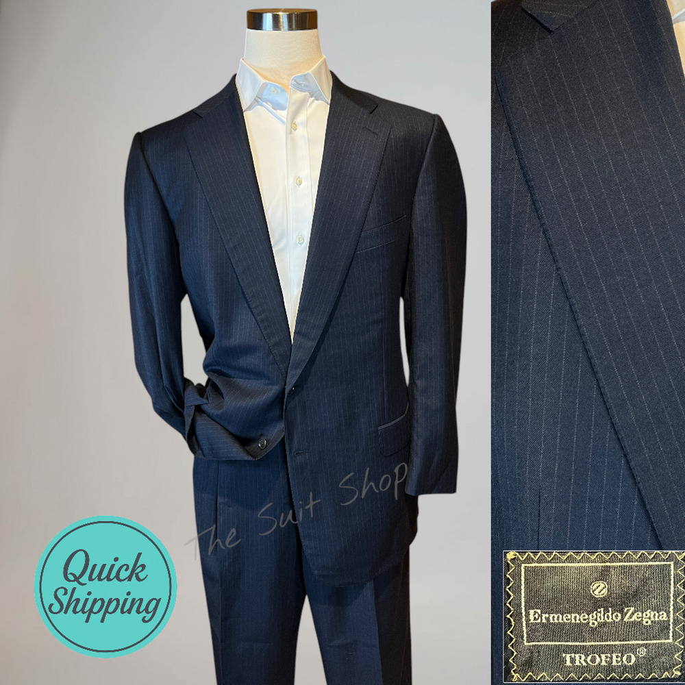 Ermenegildo Zegna Trofeo 48-50L 38x30 Dark Blue Subtle Stripe Flannel Suit